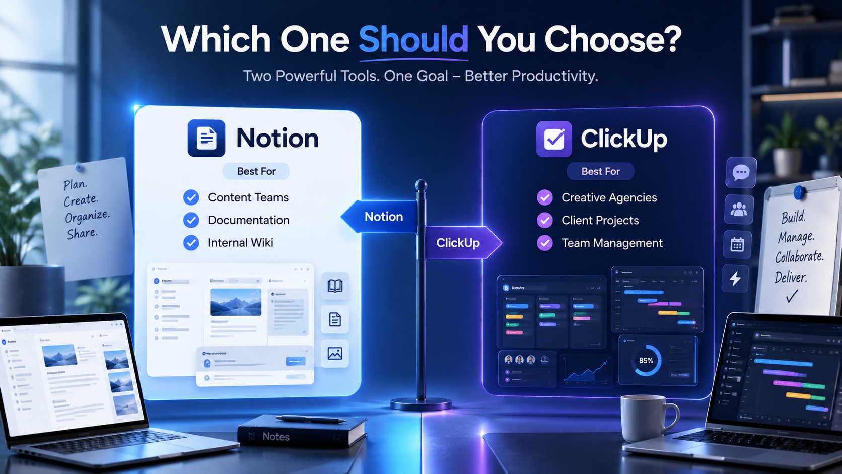 Decision guide for choosing between Notion and ClickUp for a small creative agency